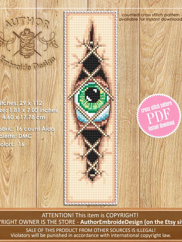 Halloween bookmark cross stitch pattern PDF download Gothic cross stitch chart, Creepy eyes handmade bookmark pattern digital PDF #B177