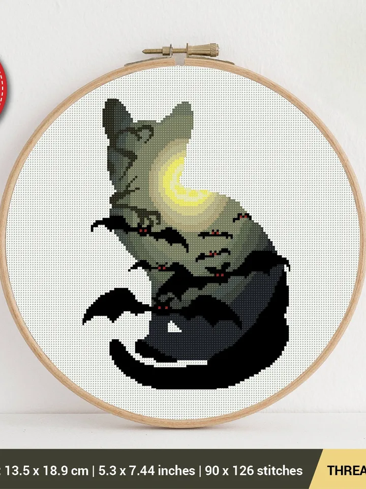 Cat Silhouette Bat Cross stitch pattern | Embroidery Pattern | Instant Download | Embroidery Designs