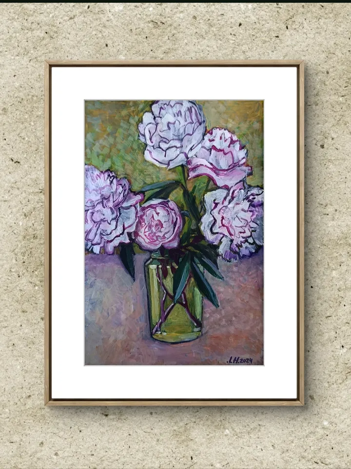 White peonies in a golden vase.