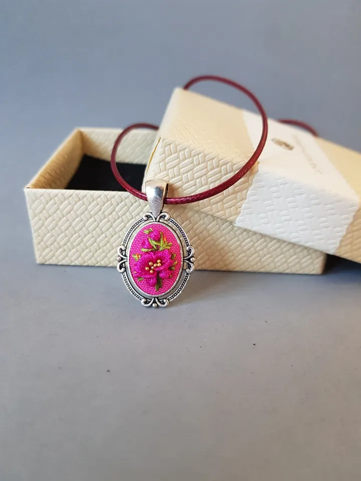Hand embroidery pendant for her, 4th wedding anniversary gift, embroidered jewelry, custom embroidery necklace, art 34