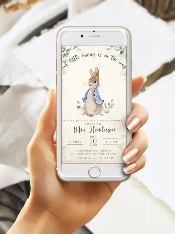 Digital Invitation Peter Rabbit; DIY Electronic baby shower invite; bunny baby shower invite; message bunny invite; greenery baby shower