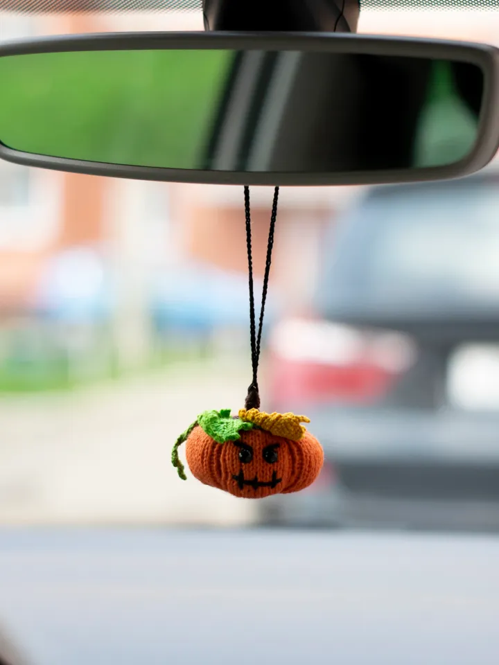 Stuffed pumpkin car accessory for women for Halloween, car boho decoration, rear view mirror charm, crochet car pendant