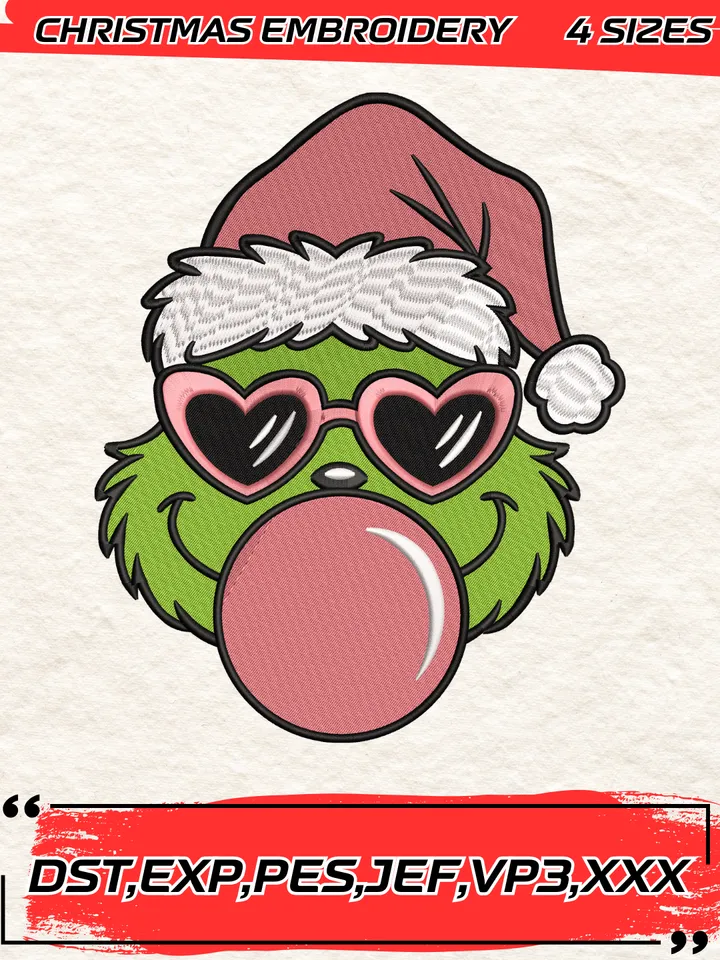 Pink Christmas Grinch Blowing Bubble Heart Sunglasses Embroidery Design,Christmas Embroidery Design,4 Sizes,Digital Download