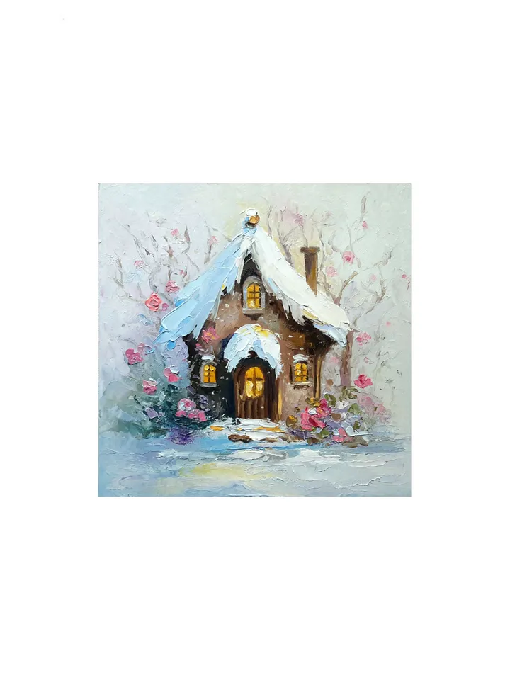 Winter Fantasy House Original Oil Fairy-tale Painting a Cute Christmas Gift.