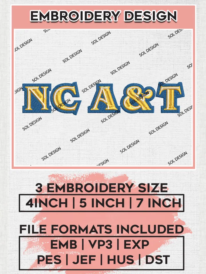 NCAA NC A&T Team Logo Embroidery Design Files, NCAA North Carolina A&T Aggies Machine Embroidery, NCAA Teams, Game Day, 3 sizes, NCAA Machine embroidery designs, Digital Download
