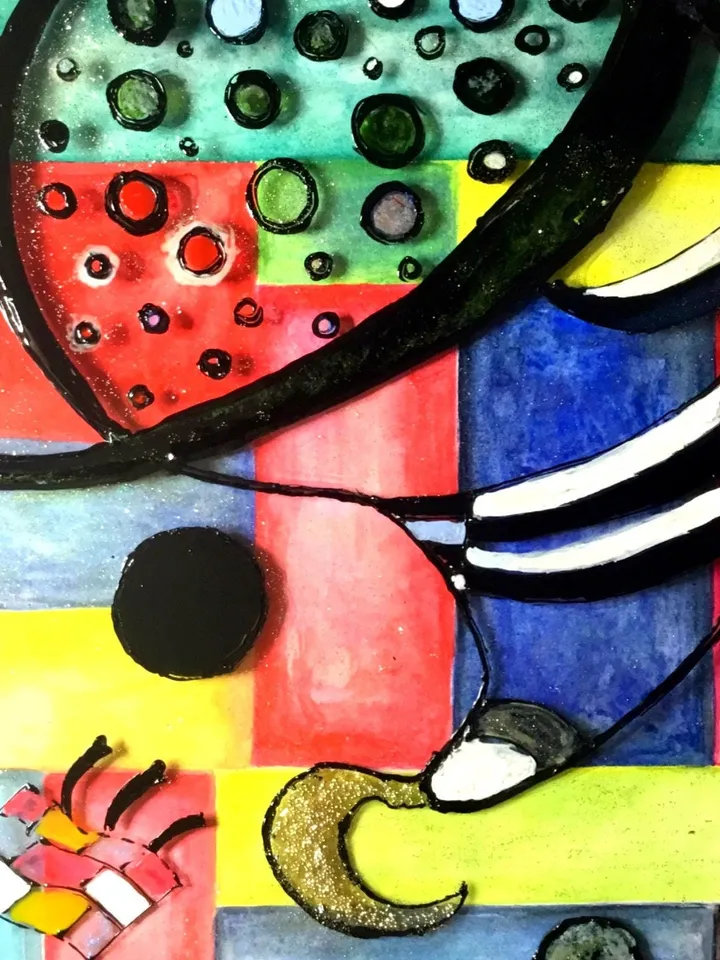 Abstract Stained glass painting,Kandinsky 1935 year ,fixed.Mix media painting, watercolour and stained glass artwork.