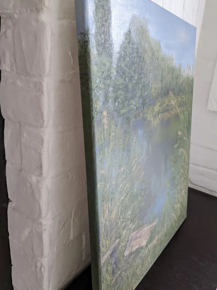 Summer landscape oil painting with a river, green grass and trees, with a small bridge, canvas 16x12 inches