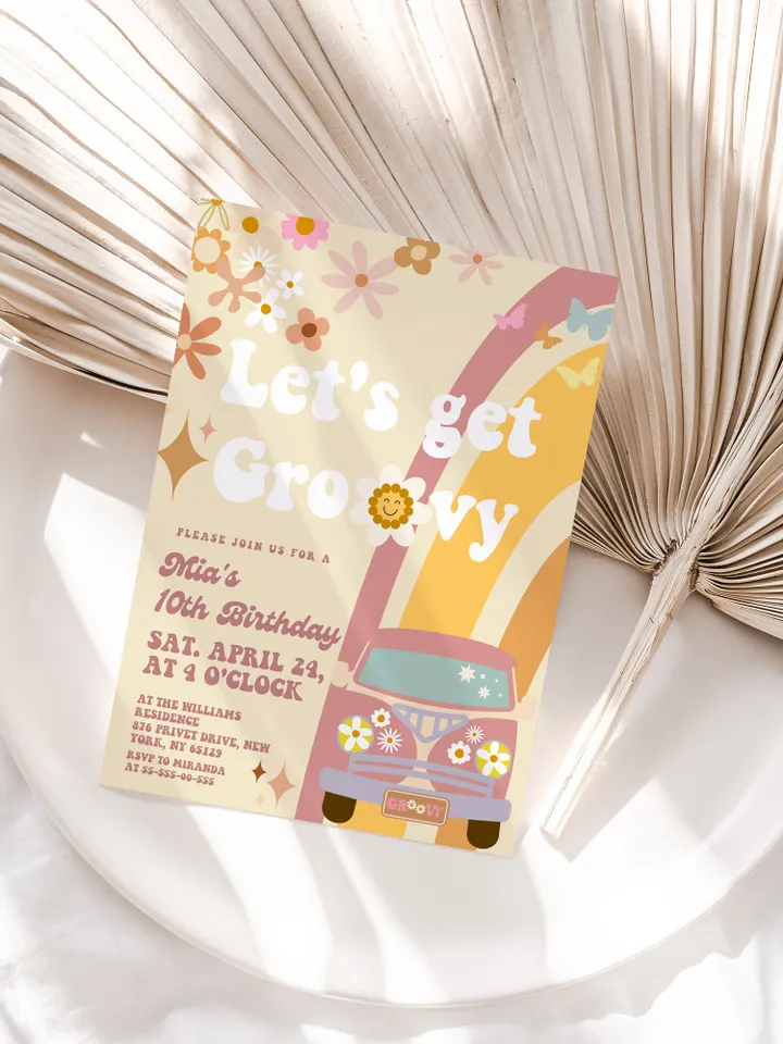 Let's get Groovy Editable Any Age Pink Groovy Van Daisy Rainbow Hippie Birthday Invitation Let's get Groovy 1st Birthday Invitation ; gr2