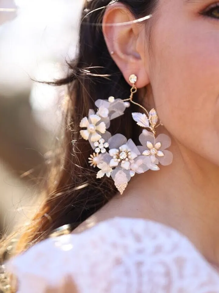 Boho Wedding Earrings, Leaf Bridal Earrings, Champagne Gold Earrings, Hoop Weddinh Earrings, Flower Bridal Earrings,Pearl Statement Earrings