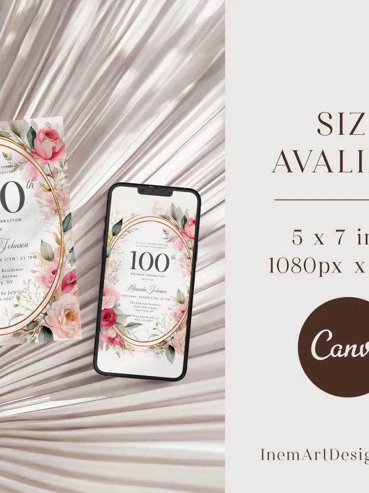 100th Birthday Invitation for Women – Blush Pink & Gold Floral, Elegant Printable Party Invite for Grandma or Mom, Digital Canva Template