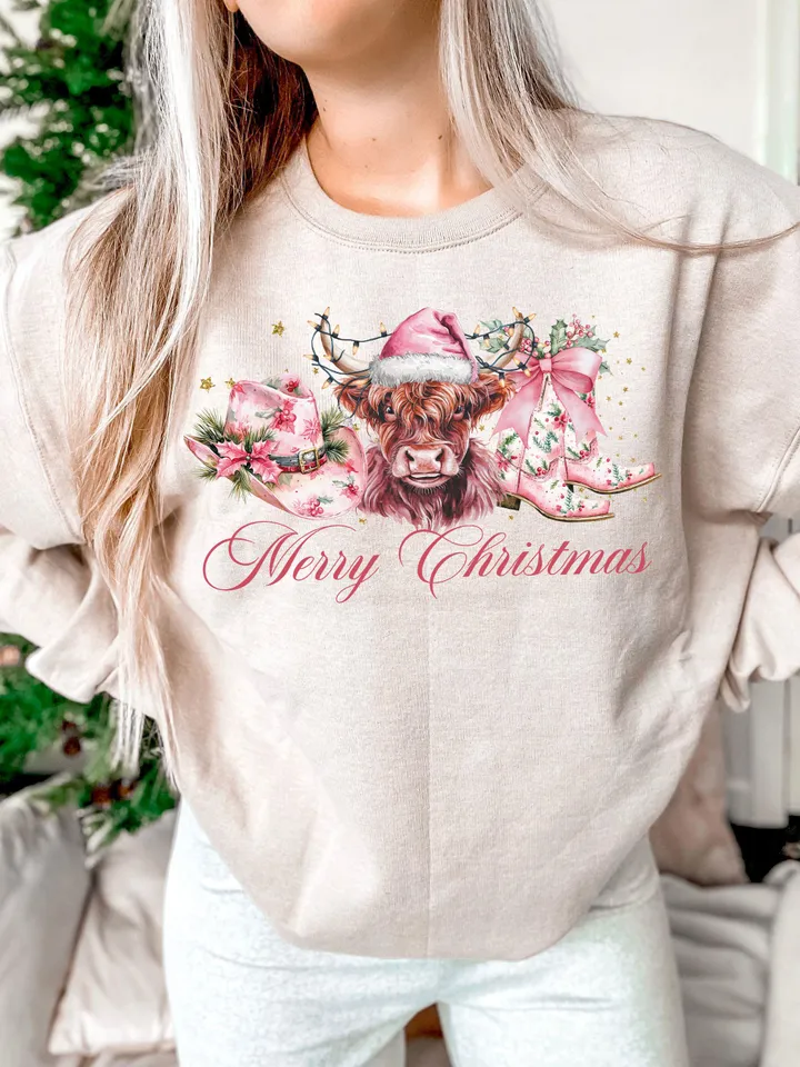 Pink Cowboy Christmas PNG, Merry Christmas, Western Sublimation, Highland cow png, Cowgirl Christmas png, Coquette country Christmas