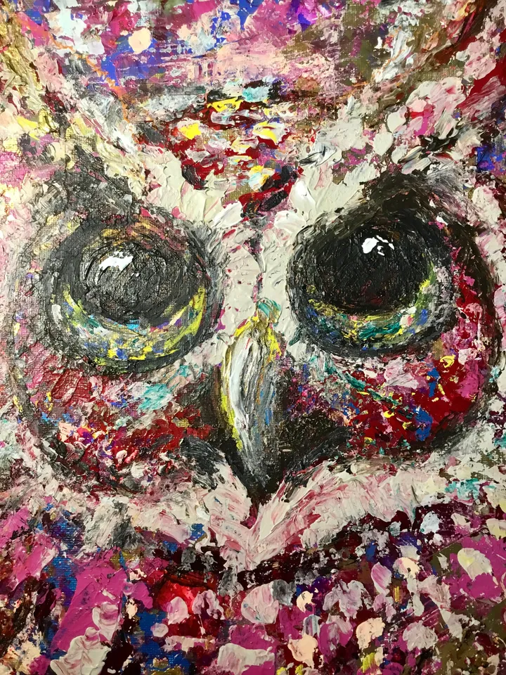Colourful red owl painting on canvas board,original mix media brigh home decor wall hanging artwork,unique handmade gift for animal lovers