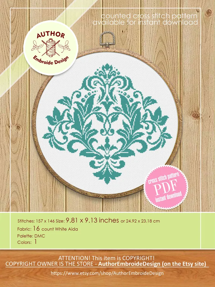 Floral damask ornament cross stitch pattern PDF download Flower mandala cross stitch chart, Damask pattern digital PDF, Floral scroll #M257