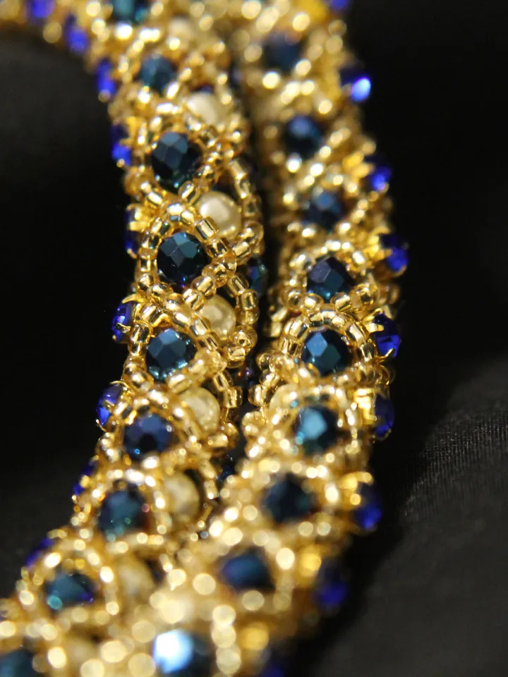 Beads necklace gold hematite and cornflower blue rhinestones