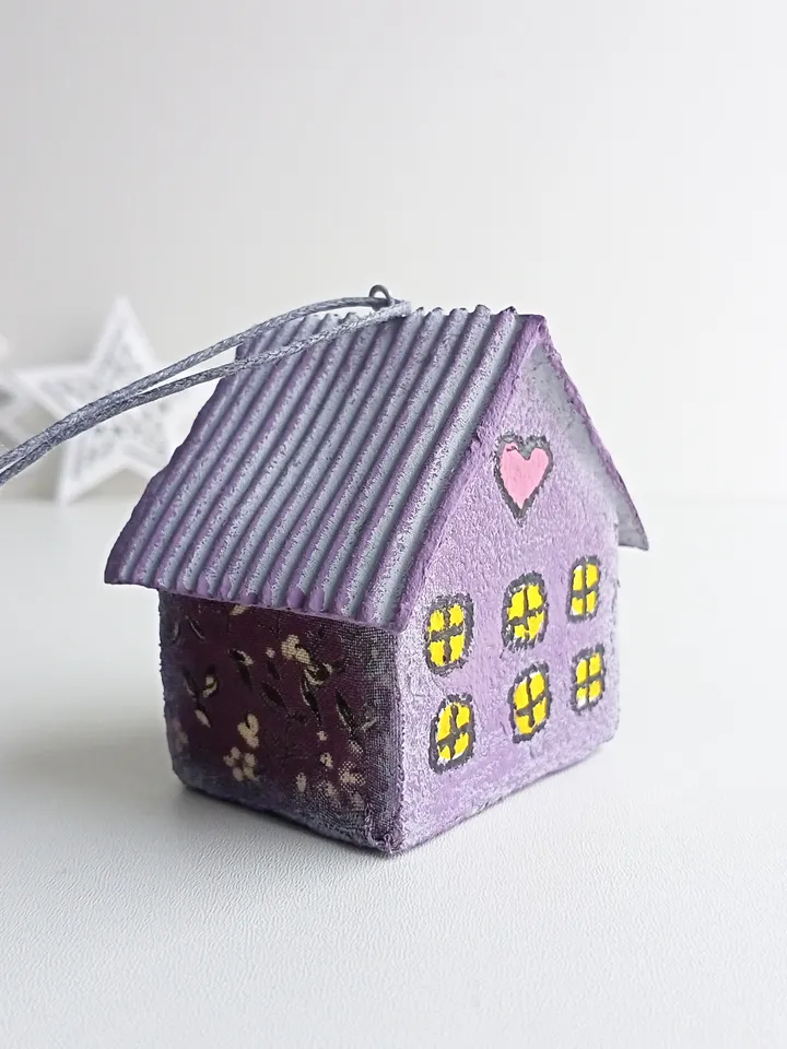 Christmas ornament Hanging Tiny House/Handmade Paper Mache Christmas Tree Ornament/Miniature Purple House Gift