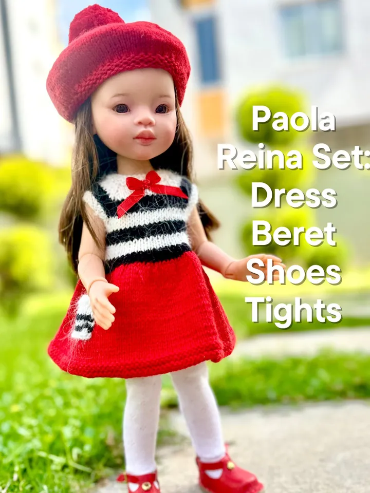 Paola Reina Doll 4 ITEMS Set: Exclusive Handmade Outfit - Beret, Dress, Tights, Shoes - Paris Collection