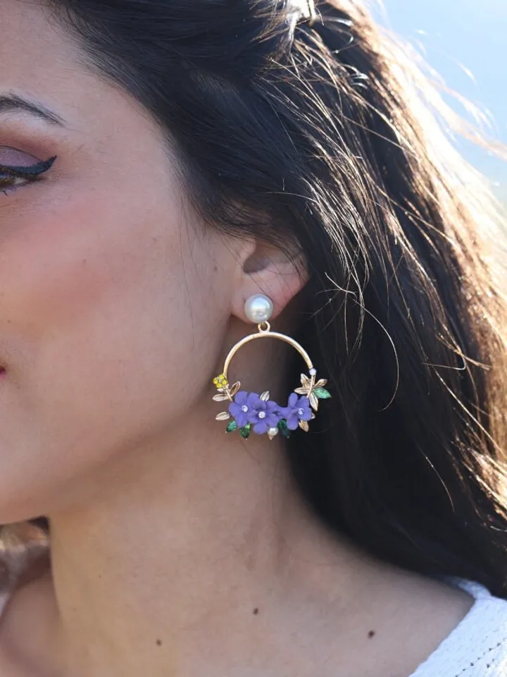 Purple Boho Wedding Earrings | Porcelain Flowers Hoop Bridal Earrings | Gold Boho Wedding Jewelry | Floral Bridal Earrings | Accessories