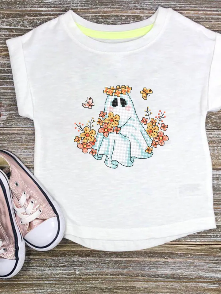 Floral ghost cross stitch pattern PDF download Cute Halloween cross stitch chart, Cute ghost with flowers pattern digital PDF #H86