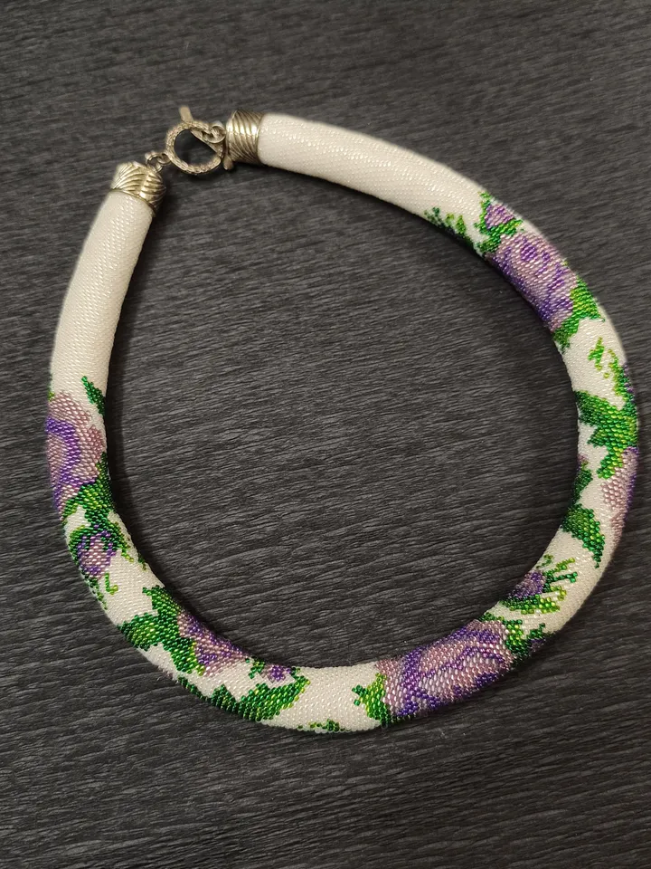 Lilac Rose Beaded Short Necklace, Elegant Handmade Statement Necklace