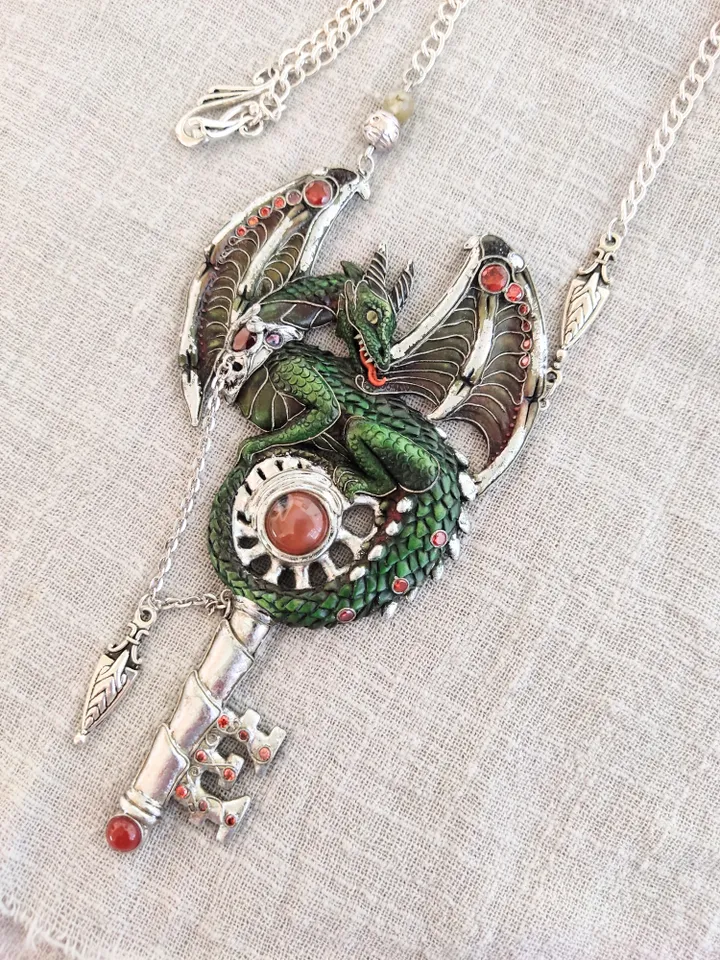 Dragon and Key Necklace, Fantasy Dragon Pendant, Green Dragon Necklace, Magic Drago