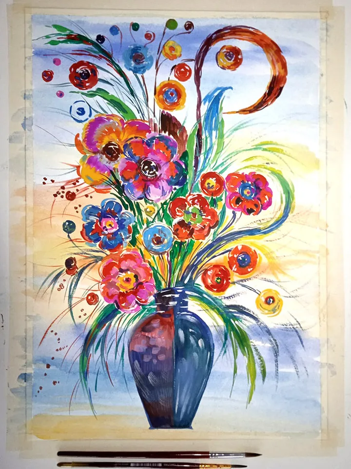 Kandinsky Flowers Style Abstract Original Art Floral Painting Watercolor Art 16 by 11 Above Bed Art by TatianaArtShop