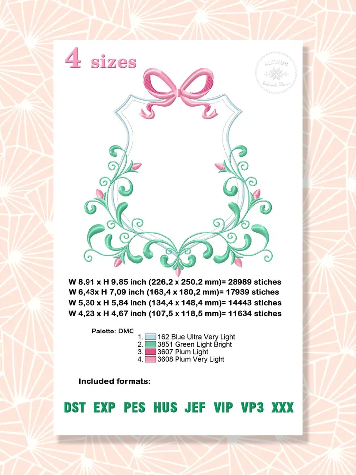 Frame floral crest embroidery design Machine embroidery pattern 4 size, Bow and scroll floral for baby monogram frame embroidery files #R42