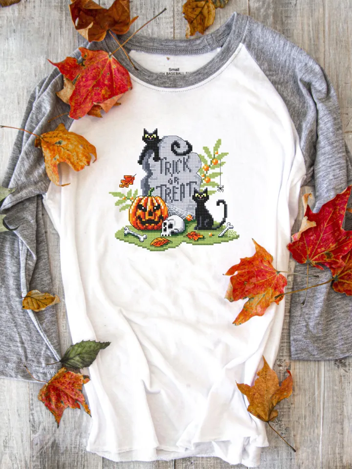 Halloween cross stitch pattern PDF download Black cat cross stitch chart, Trick or Treat Halloween pattern digital PDF, Halloween grave #H75
