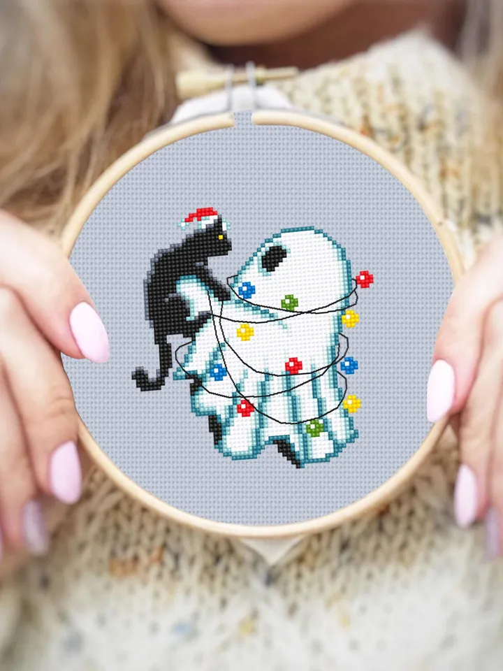 Christmas ghost with black cat cross stitch pattern PDF download Cute ghost cross stitch chart, Meowy Christmas pattern digital PDF #N152