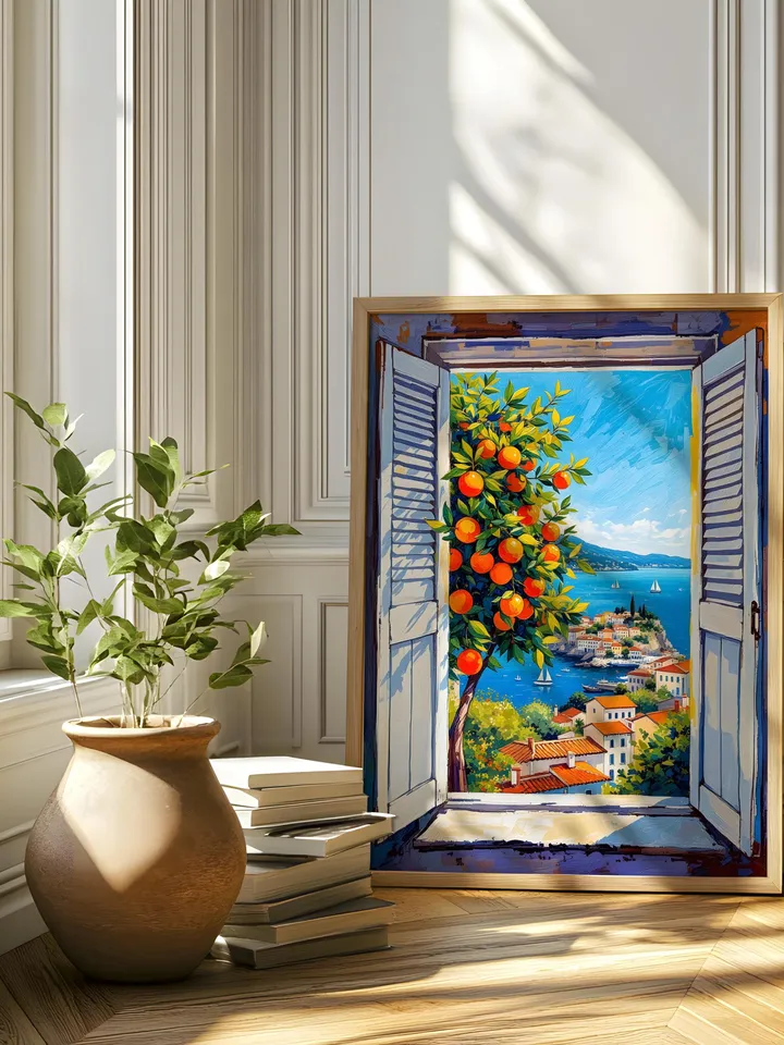 Henri Matisse Inspired Open Window Print Fauvism Coastal Scene Orange Tree Boats Mediterranean View Digital Wall Art Instant Download HMS4