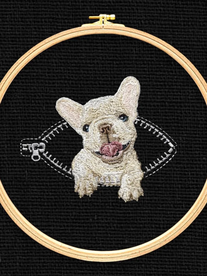 French bulldog in a zipper pocket Miniature realistic machine embroidery design Pet design Dog realistic pattern bulldog embroidery pattern