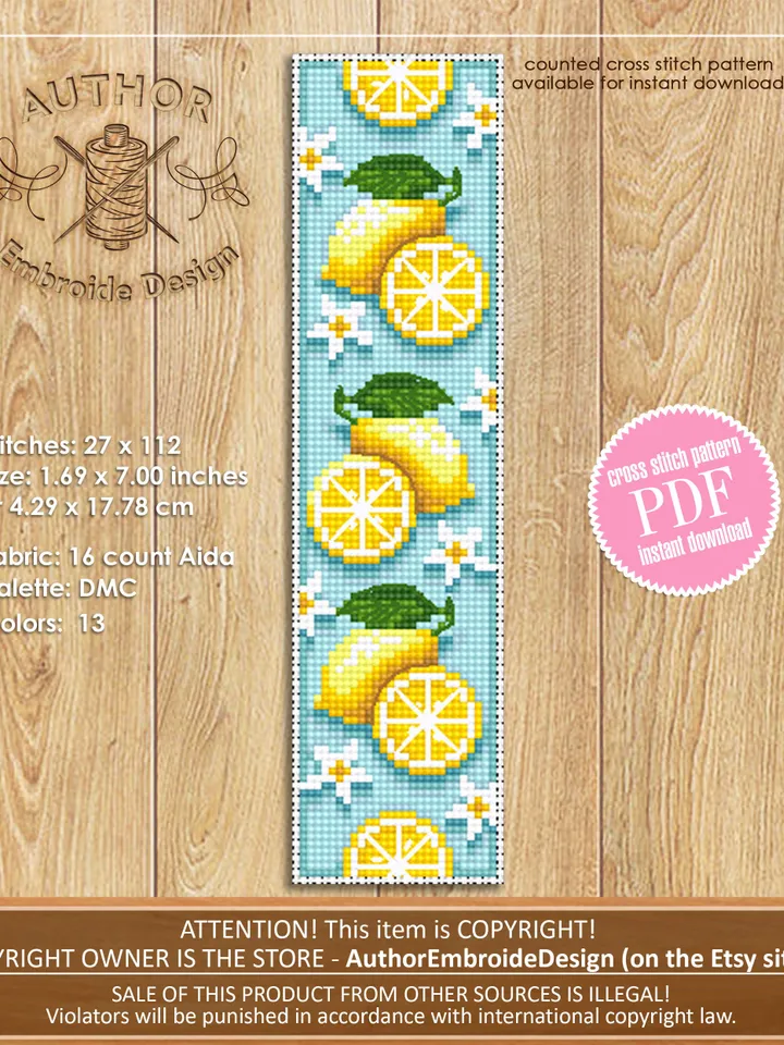 Bookmark lemon cross stitch pattern download PDF Unique bookmarks for women Fruit cross stitch Digital bookmark pattern Book lover gift #B53