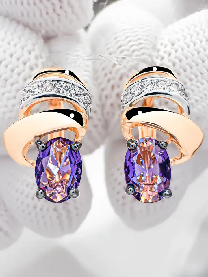 Earrings jewelry Silver gold plated 925 assay value with amethyst