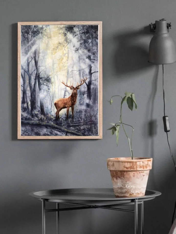 Forest Original Painting Sunset Watercolor Landscape Deer Wall Art