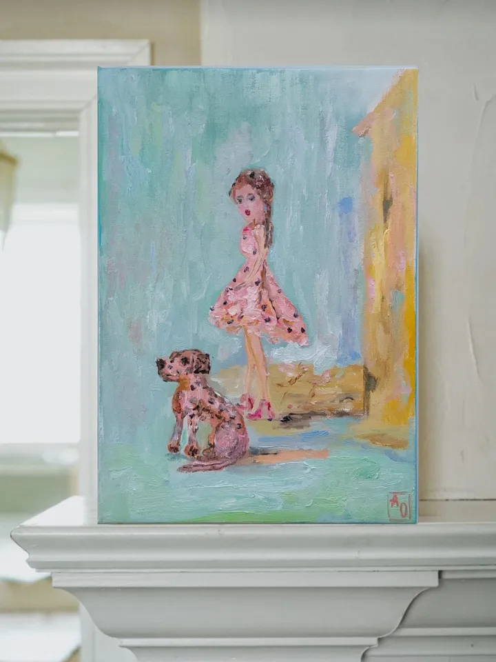 "Walking with a dog" oil painting on canvas 30x40cm (12x16 inch)