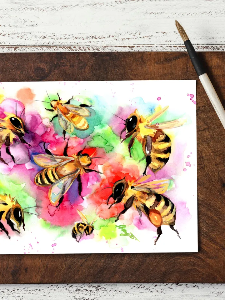 Bees original watercolour, bee painting, flowers wall decor, 8x11 in art for natura lovers by Anne Gorywine