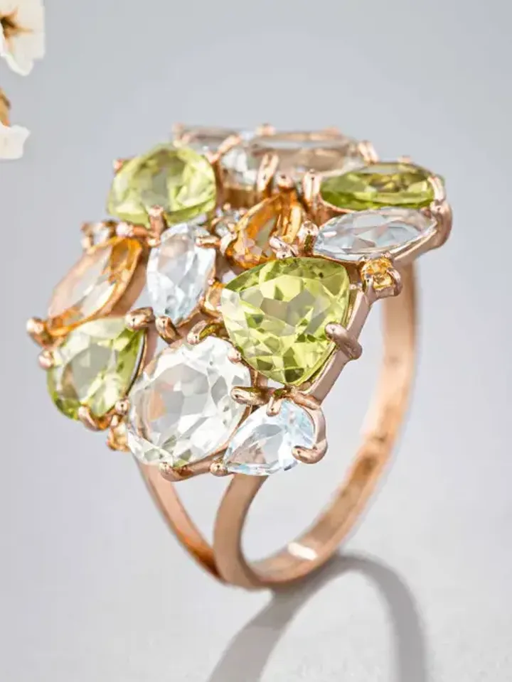 Ring made of 925 silver with gold plating with natural green amethyst, chrysolite, citrine and topaz Sky