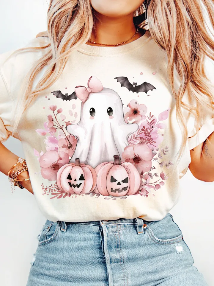Pink Halloween PNG, Spooky Ghost, Autumn sublimation design, Fall PNG, Pumpkins, leaves PNG, Watercolor Sublimation, Coquette Pink Ghouls
