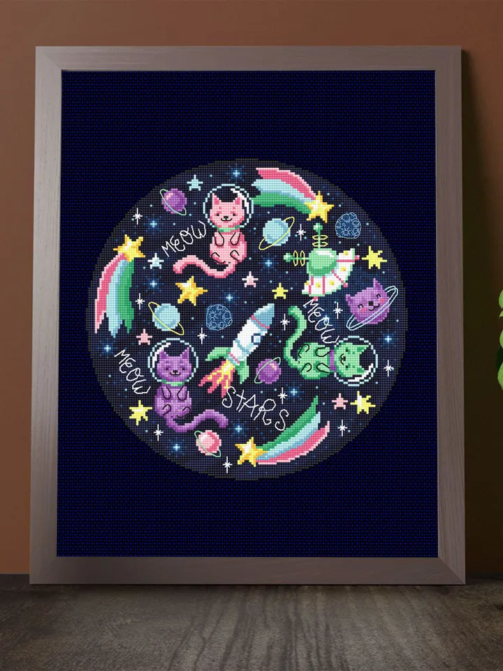Space cat cross stitch pattern PDF download Funny cat in space cross stitch chart, Astronaut cat embroidery PDF, Outer space, Cat art #K59