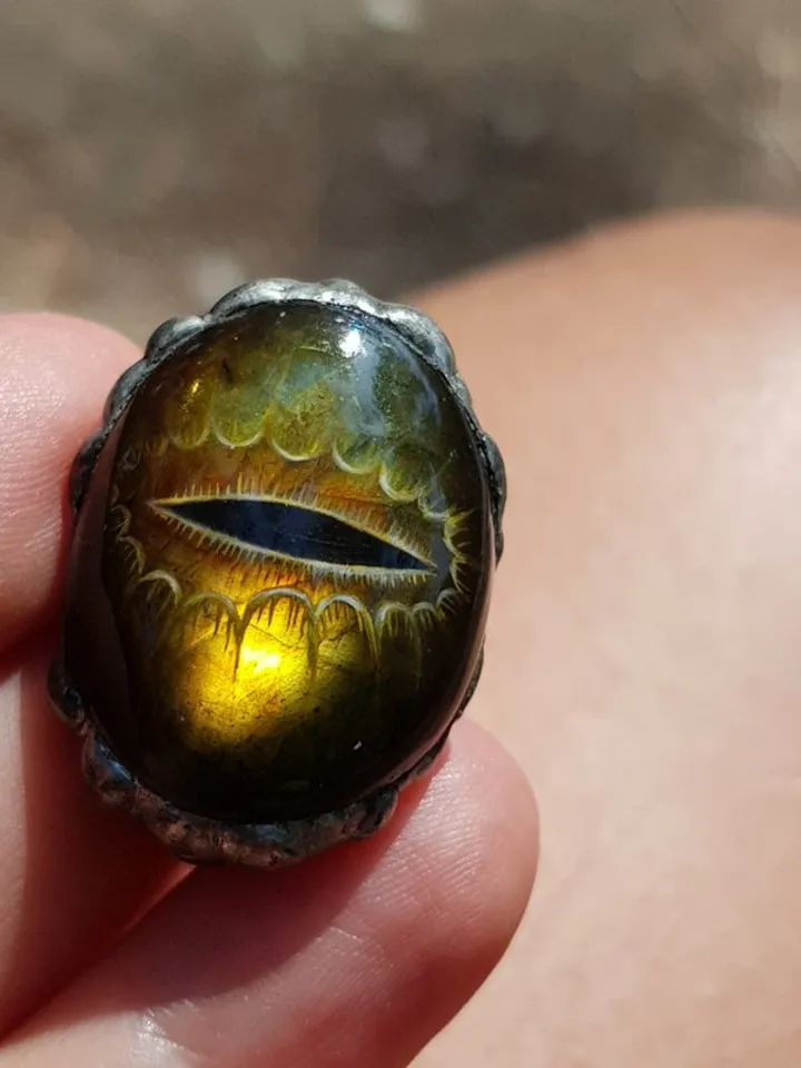 Dragon or snake eye ring Golden Labradorite ring Oil painting miniature on stone