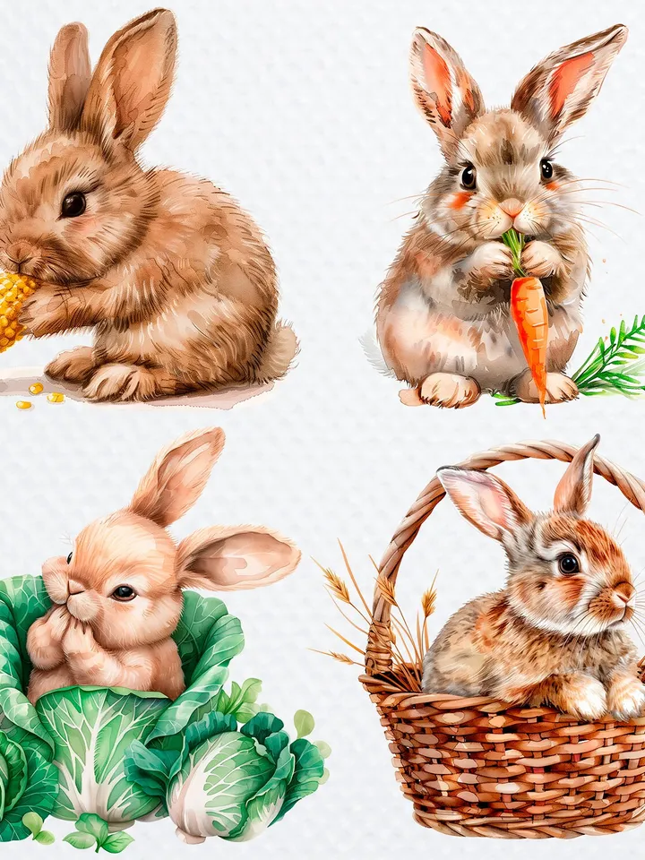 15 PNG Fluffy Bunny Bundle, Rabbit Clipart, Printable Watercolor clipart for sublimation, Digital download, Paper craft, junk journals