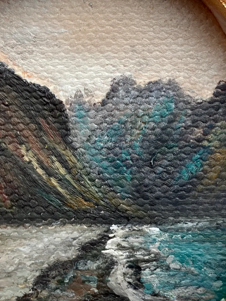 Coastal Landscape Oil Painting Original In Vintage Style Frame Small Framed Oval Painting Art