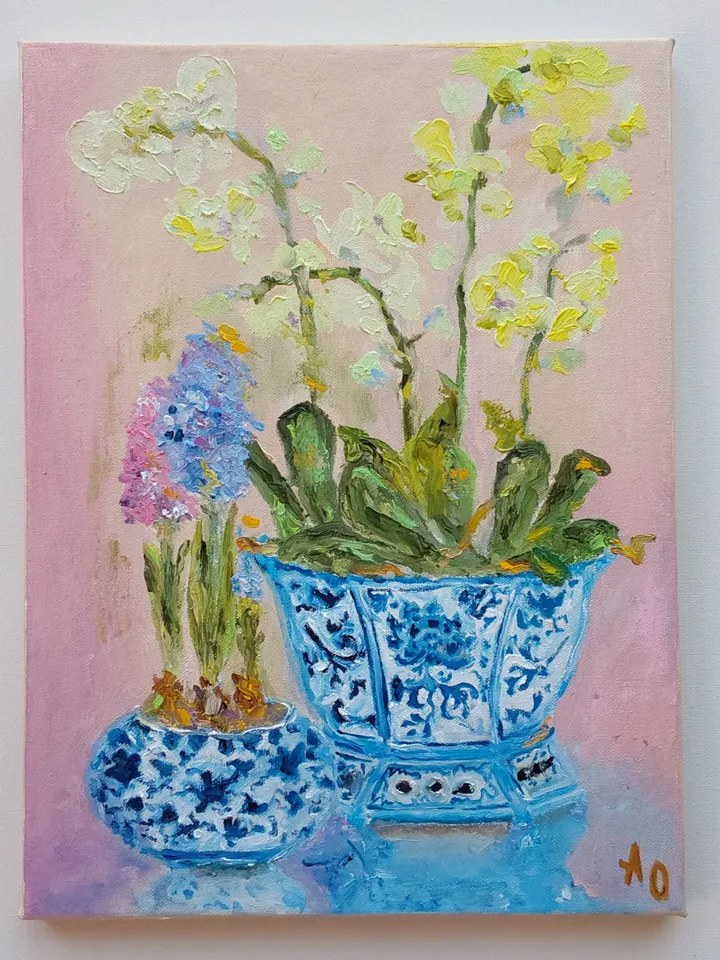 Oil painting on canvas "Still life. Orchid in a Chinese vase" 30x40cm (12x16inch)