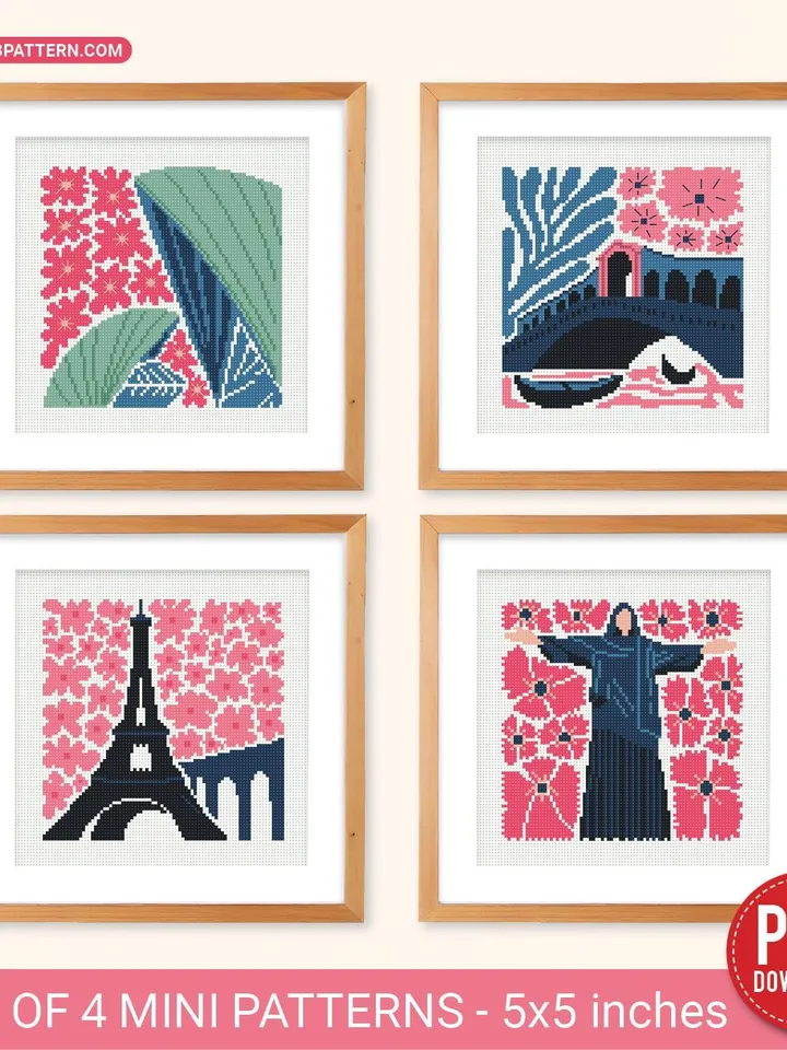 Bundle of 4 mini city Cross stitch patterns contemporary famous architecture Abstract beginner counted modern DIY embroidery instant PDF