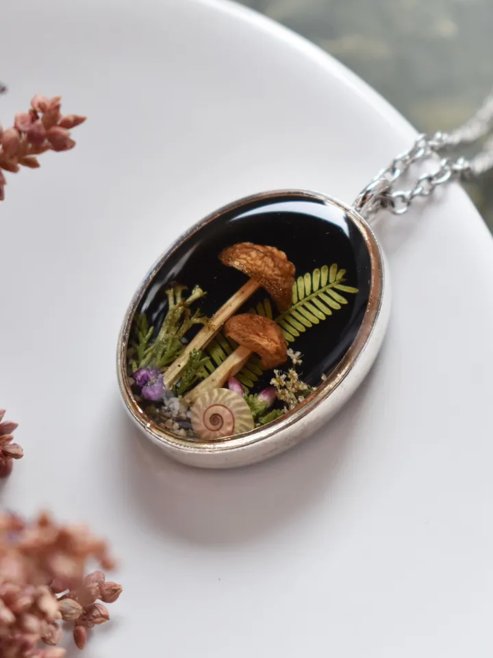 Real mushroom pendant. Necklace with dried mushrooms in resin. Necklace with a forest composition.