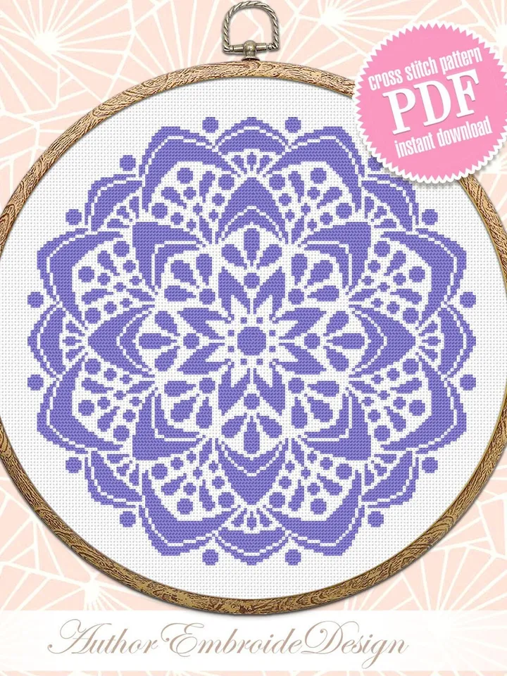 Flower mandala cross stitch pattern PDF download Monochrome mandala pattern digital PDF, Simple cross stitch chart for beginner #M246