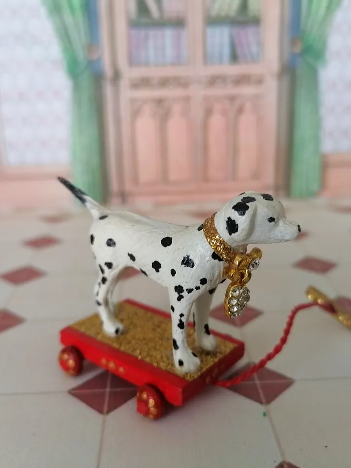 Dolmatian on a cart. Doll toy. dollhouse miniature.1:12 scale.