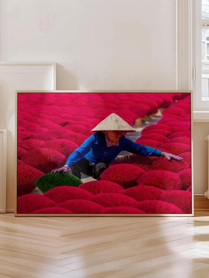 Vietnam Culture Poster | Vibrant Pink Wall Decor | Asian Travel Print | Exotic Home Art | Vietnamese Traditional Life Print | Incense Sticks