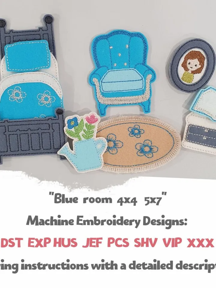 ITH Blue Dollhouse Room Furniture Set Embroidery Design | Felt Bed Chair Table Pattern 4x4 Hoop | Miniature Download