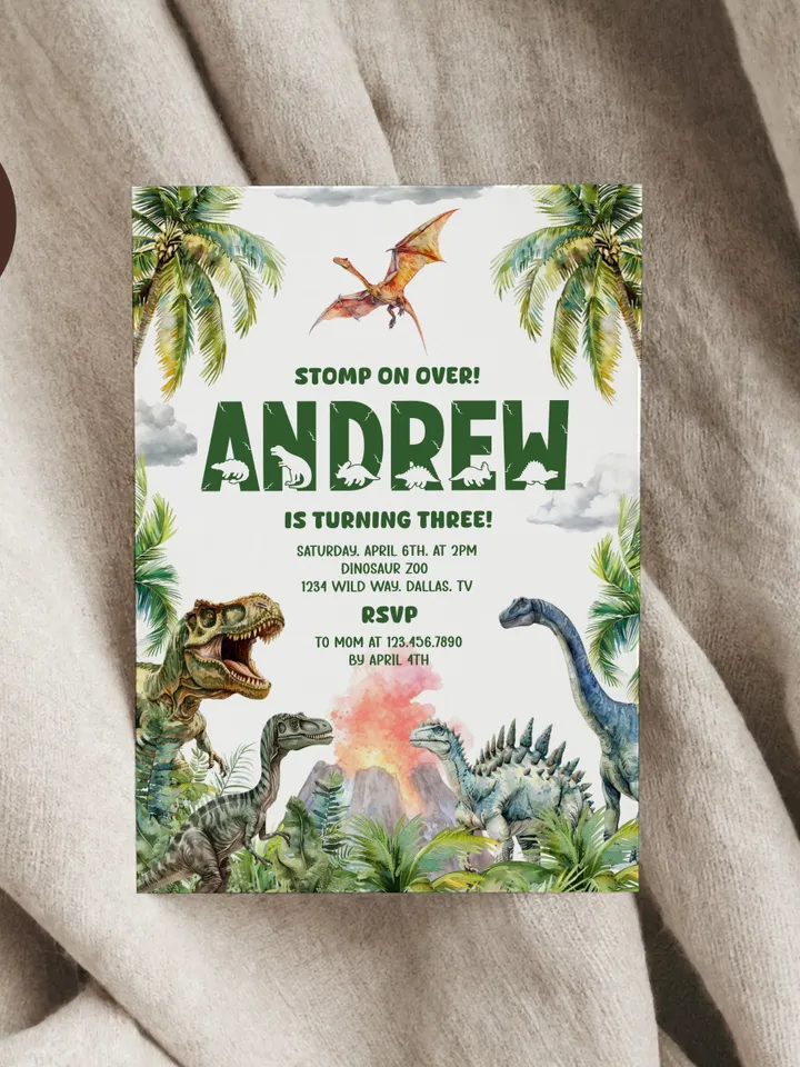 Dinosaur Birthday Invitation, Dinosaur Birthday Party Invite Template, Stomp on Over Dino Birthday, Boy Birthday Invitation Canva Template