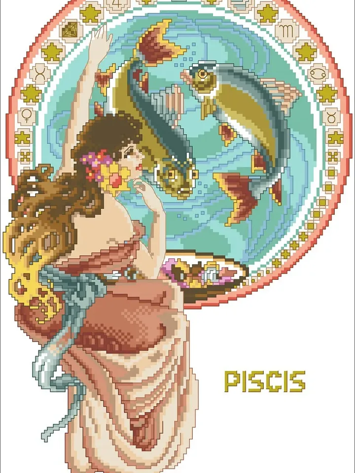 Vintage Cross Stitch Pattern Zodiac Sign Pisces Counted Digital Download PDF